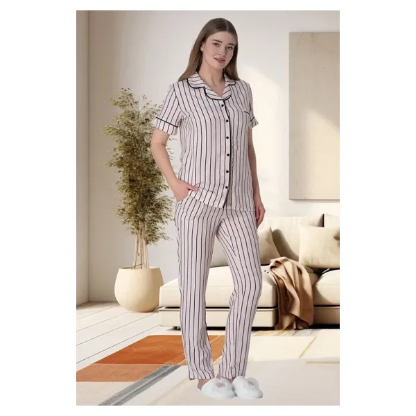Mecit 6016 Pembe Çizgili Boydan Düğmeli Kadın Pijama Takımı