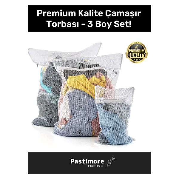 Pastimore Premium Kalite Yıkama Renkli Fermuarlı Fileli Çamaşır Torbası Kirli Temiz Sepeti 3 Adet