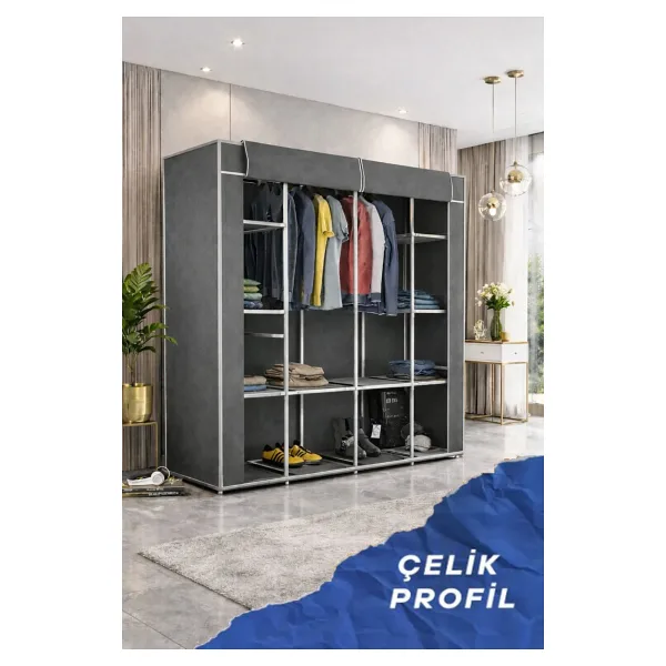 Reyo Teknor Metal Çift Askılı Bez Dolap Gri 155x160x45 cm - Geniş Hacimli Portatif Gardırop, Raflı Kumaş Dolap, Fermuarlı Elbise Düzenleyici