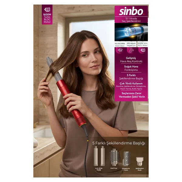 Sinbo SHD-1760 5in1 Kırmızı Saç Şekillendirme Seti