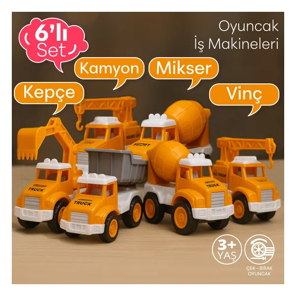 Smartfox Çek Bırak 6'lı İş Makineleri Seti - Eğitici Kepçe Kamyon Vinç Mikser 3+ Yaş Uyumlu