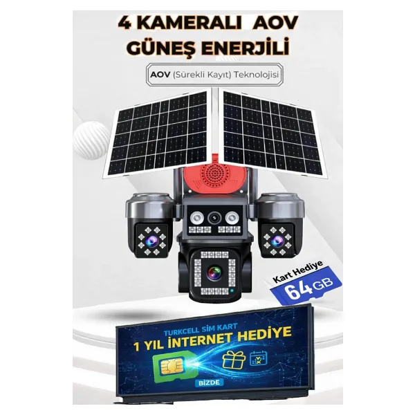 TRCharger 4 Kamera eSIM Çift Solar Güvenlik Kamerası AOV 7/24 Kayıt Türkcell Her Ay 10GB 1 Yıl Hediye Sim Kart