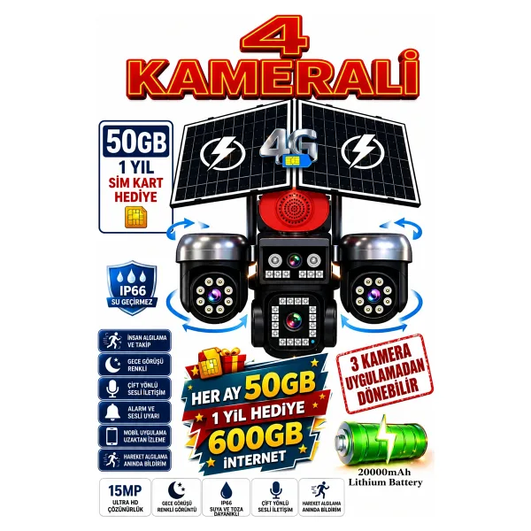 TRCharger 4 Kameralı (3 Motorlu + 1 Sabit)12MP 4G Solar Kamera AOV 7/24 Kayıt 1 Yıl 10GB Her Ay Turkcel Hediye