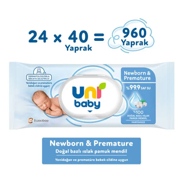 Uni Baby Yenidoğan & Prematüre 40 Yaprak 24'lü Paket Islak Mendil