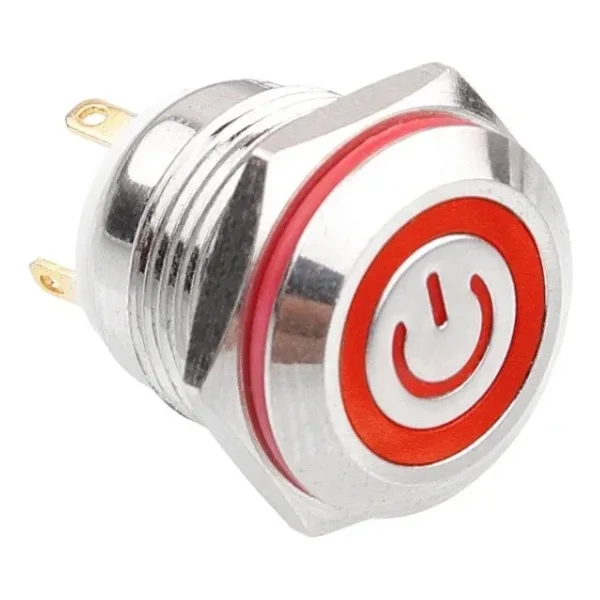 WD16H-P1-EC 16mm Düz Yaylı Işıklı Power Metal Buton - Kırmızı
