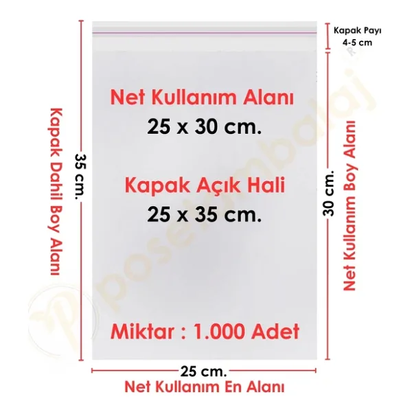 25X30+5 Cm. (25X35) 1.000 Adet Şeffaf Bantlı Yapışkanlı Jelatin Poşet