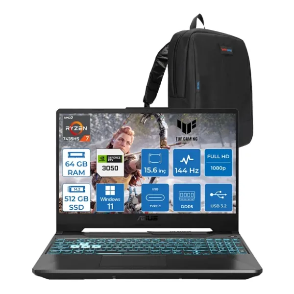 Asus Tuf Gaming A15 FA506NCR Amd Ryzen 7 7435HS 64GB Ddr5 512GB SSD RTX3050 4gb 15.6" Fhd IPS 144HZ Windows 11 Home Taşınabilir Bilgisayar HN034H21 + Zetta Çanta