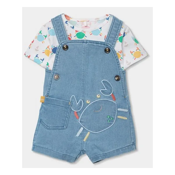 Boboli Yengeç Desenli Denim Salopet Set 6-24 Ay Mavi - 9 Ay