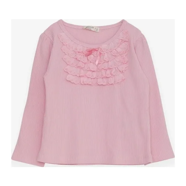 Breeze Kız Çocuk Uzun Kollu Bluz Güpürlü Fiyonklu 3-8 Yaş, Pembe