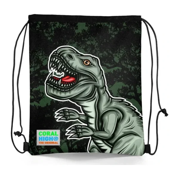 Coral High Kids Koyu Yeşil Siyah Dinozor Desenli İpli Büzgülü Sırt Çantası 22475