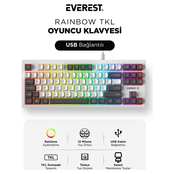 Everest Silent TKL KB-98 Gri-Mavi-Beyaz Membrane Switch Kablolu Oyuncu Klavyesi