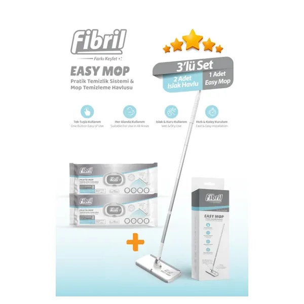 Fibril Easy Mop Pratik Temizlik Sistemi + 2 Paket Temizleme Havlusu 80 Yaprak