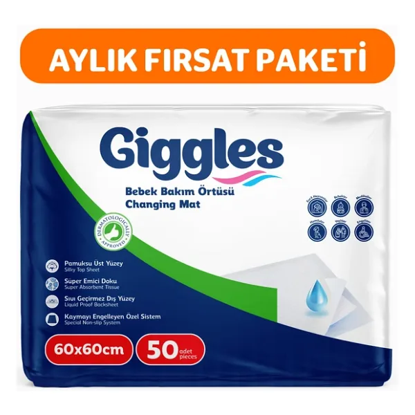 Giggles Bebek Bakım Örtüsü 60x60 Alt Açma Bezi 5 paket (50 adet)