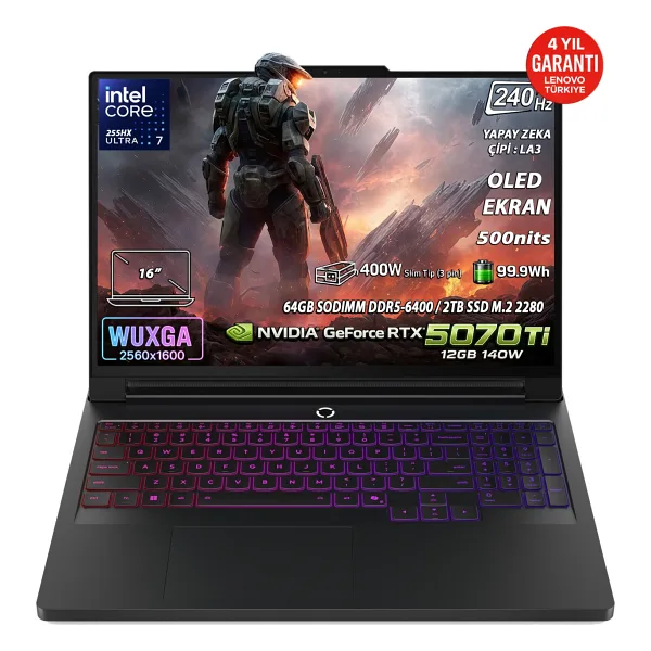 Lenovo Legion Pro 7 16IAX10H 83F500J8TR Ultra 7 255HX 64 GB 2 TB SSD RTX5070TI 16" WQXGA Gaming Laptop