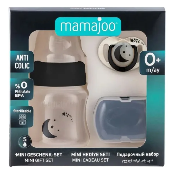 Mamajoo Yenidoğan Hediye Seti Black Antikolik Biberon 150 ml ve Ortodontik Emzik & Saklama Kabı - Siyah