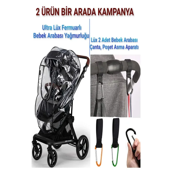 MorPort Lüx Fermuarlı Bebek Arabası Yağmurluğu ve 2 Adet Bebek Arabası Kanca 2 Ürün Bir Arada