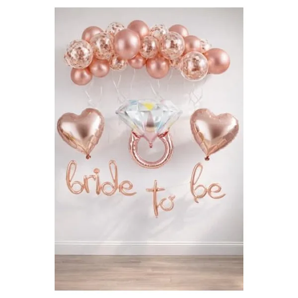 Patladı Gitti Bride To Be El Yazısı, Tek Taş Yüzük Ve Kalp Folyo Balonlu Rose Gold Set