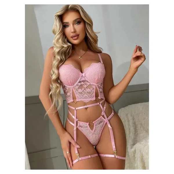 Pembe Dantelli Jartiyer Büstiyer Takımı