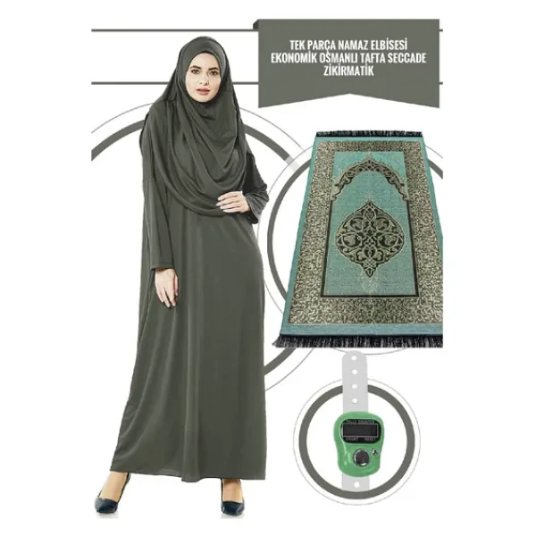 Tek Parça Namaz Elbisesi - Haki - 5015 & Seccade & Zikirmatik - Üçlü Takım