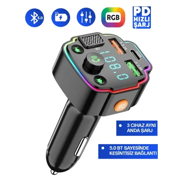 Transmitter Bluetooth Fm Araç Kiti Kolay Bağlantı Araba Müzik Mp3 Çalar Oto Çakmaklık Hızlı Şarj