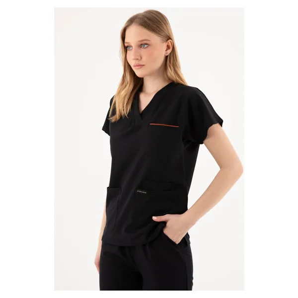 Vizyon Uniform Premium Likralı Siyah Hemşire Forması - Cerrahi Takım - Scrubs Takım - Unisex - 2XL