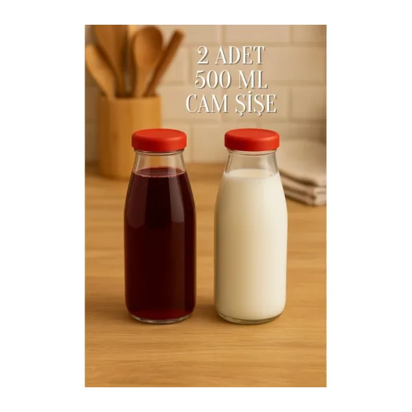 2 Adet Plastik Kapaklı 500 ml Sürahi Süt, Ayran, Su, Limonata Meşrubat Şişesi Cam Şişe 500CC - Kırmızı