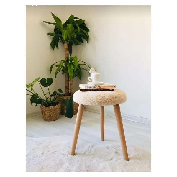 Beylerbeyi Gürgen Ahşap Retro Ayak Dekoratif krem Peluş Puf Tabure Bench Koltuk Sandalye