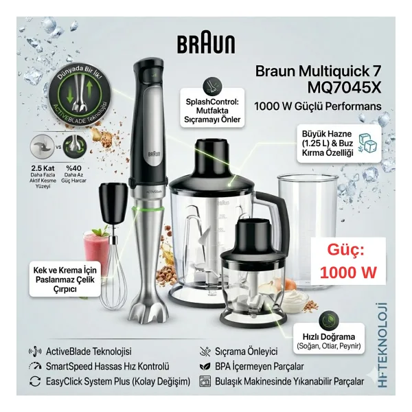 Braun Multi Quick 1000 W Çoklu Set Blender + Dijital Mutfaktartısı Hediye - Gri - Siyah