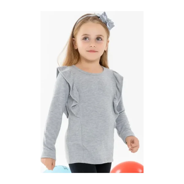 Breeze Kız Çocuk Uzun Kollu Bluz Omuzu Fırfırlı 3-8 Yaş, Gri