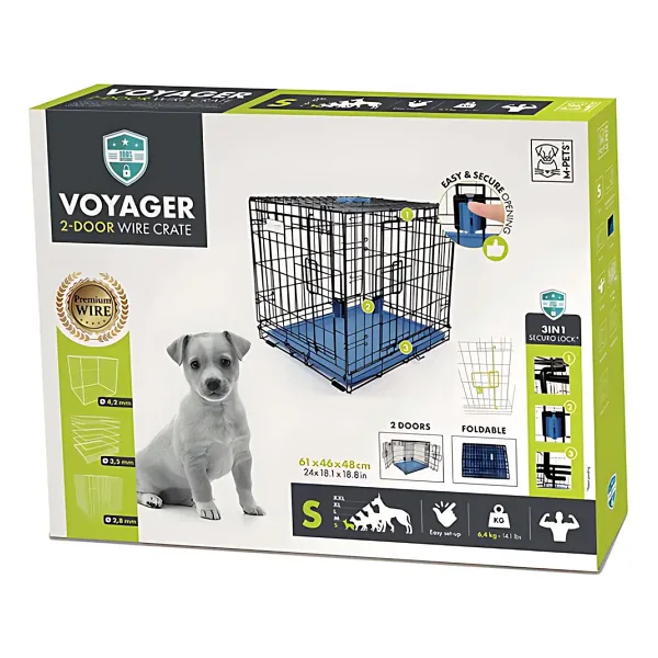 M-Pets Voyager 2 Kapılı Tekerlekli S Mavi 61x46x48 cm Köpek Kafesi