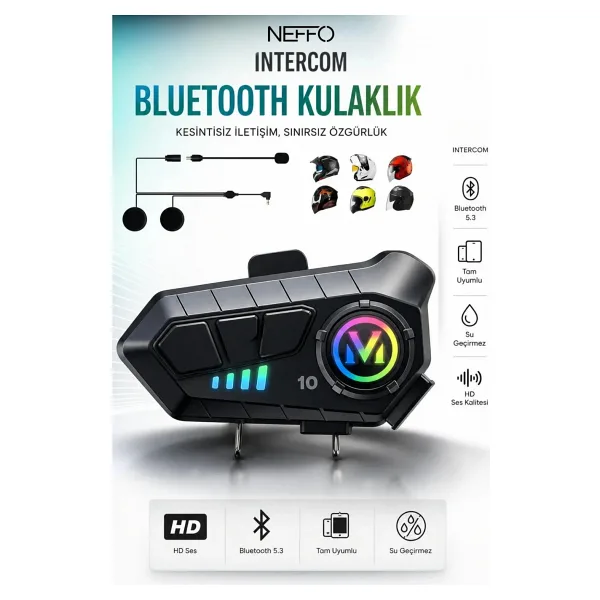 NEFFO V10 5.3 Motosiklet Kask Kulaklık Intercom Işıklı Motorsiklet Interkom