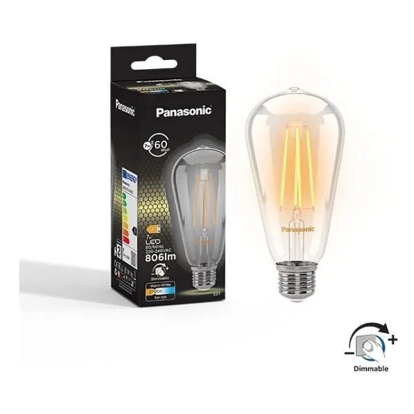 Panasonic ST64 Sarı Işık Dimmerli 7 W-60 W E27 Rustik LED Ampul