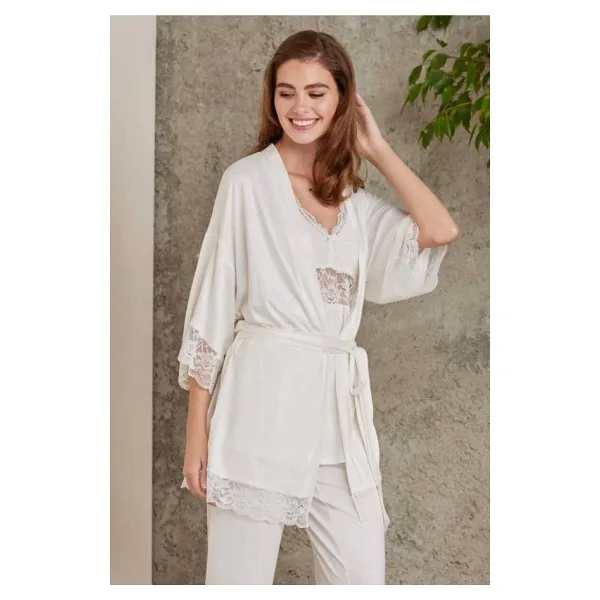 Pierre Cardin Dantelli Sabahlıklı Penye Pijama Takımı Ekru
