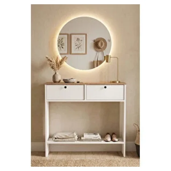 Robin Home LED Aynalı Dresuar Kapaklı Ahşap Ayaklı 90CM Sepet-Beyaz