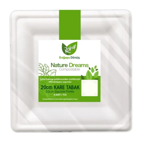 Roll-up Nature Ekolojik Karton Kağıt Parti Tek Kullanımlık Kare Tabak - 20 Cm. - 6 Adetlik 1 Paket