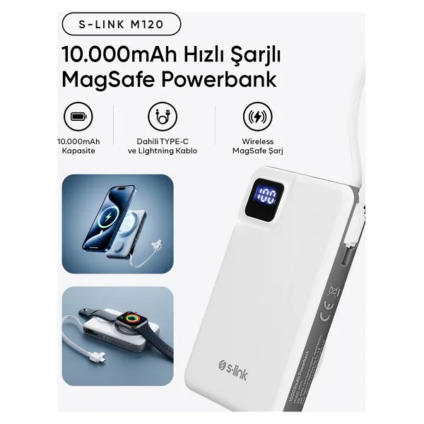 S-link M120 Beyaz 10000 mAh Kablosuz Powerbank