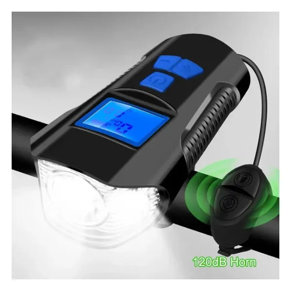 TechTic LCD Hız Göstergeli Su Geçirmez 1500Mah Kornalı Bisiklet Feneri Scooter Ön Far Lamba Işık