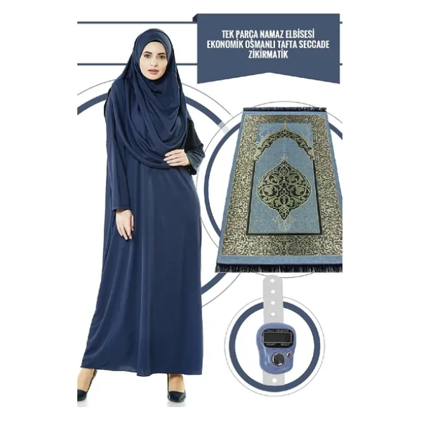 Tek Parça Namaz Elbisesi - Lacivert - 5015 ve Seccade ve Zikirmatik - Üçlü Takım