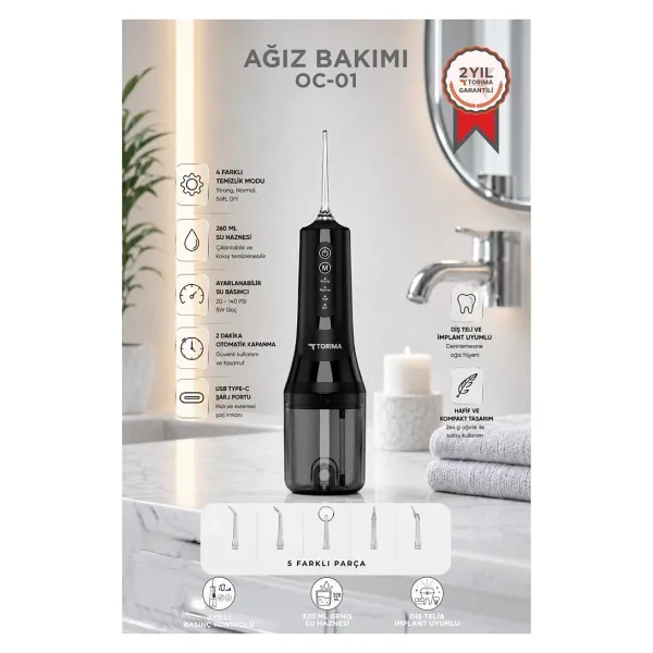 Torima Dijital Ekranlı Şarjlı Ağız Duşu 4 Modlu Taşınabilir Ağız Bakım Cihazı OC01 Siyah