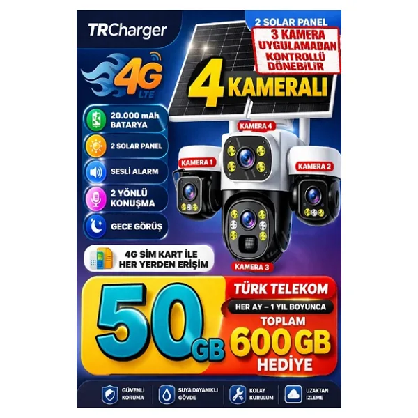 TRCharger 4 Kameralı 12MP 4G Solar PTZ Güvenlik Kamerası 3 Motorlu 7/24 Kayıt 1 Yıl Her Ay 50GB Hediye