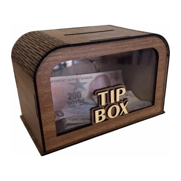 UNT Şeffaf Ön Camlı Lazer Kesim Bahşiş Kutusu (MDF - Dekoratif) - Ahşap Tip Box CEVİZ