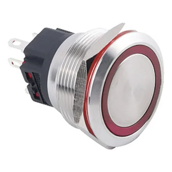WD25B-P1-E 25mm Düz Yaylı Işıklı Metal Buton - Kırmızı