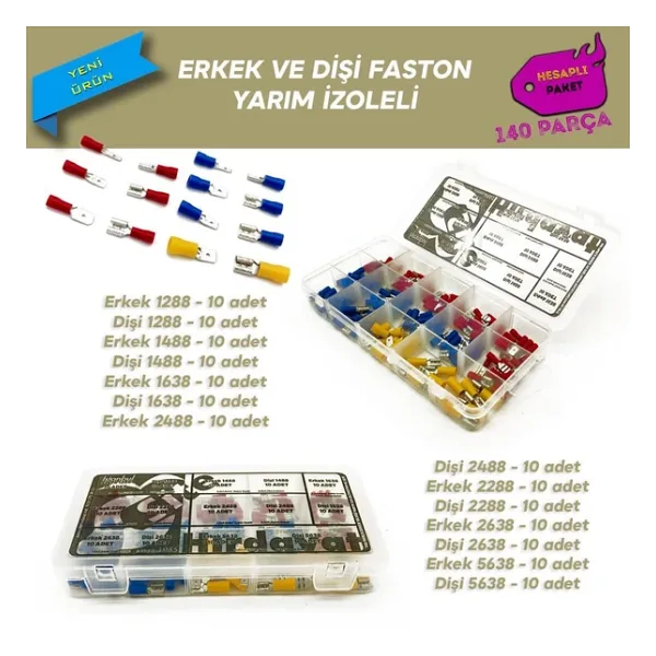 Yarım İzoleli Faston Terminal Seti, Hesaplı Paket 140 Parça