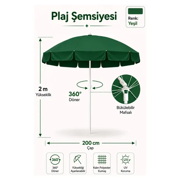 Yeşil Plaj Şemsiyesi 200 Cm Çap /10 Telli, Polyester Kumaş Yeşil