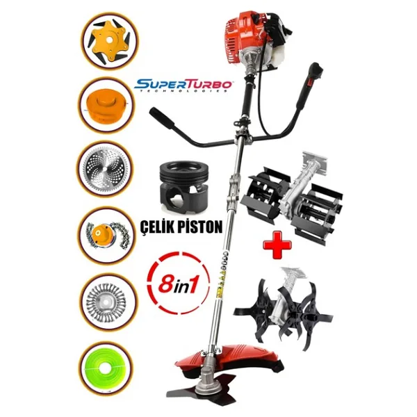 4x4 Ultra Güçlendirilmiş 8ın1 Benzinli Yan Tip Tırpan Ot Biçme Motoru + 2 Çapalama Eşeleme Seti