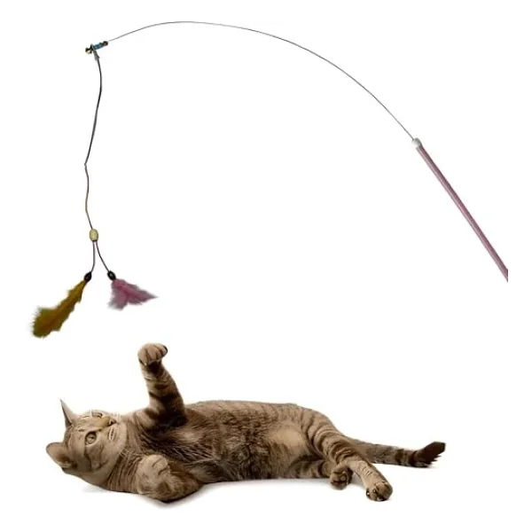 AEE Kedi Oltası Elastik Çift Tüylü Çanlı Boncuklu Kedi Oyuncağı - 130 cm Uzunluk, Dayanıklı Paslanmaz Tel,Boncuk Dolu Sap,Zilli ve Boncuklu Interaktif Hareketli Kuş Tüylü Kedi Oyuncağı