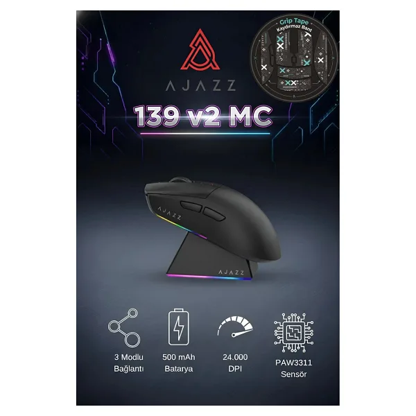 Ajazz Aj139 V2 MC Siyah Şarjlı Optik Kablolu/Kablosuz Oyuncu Mouse