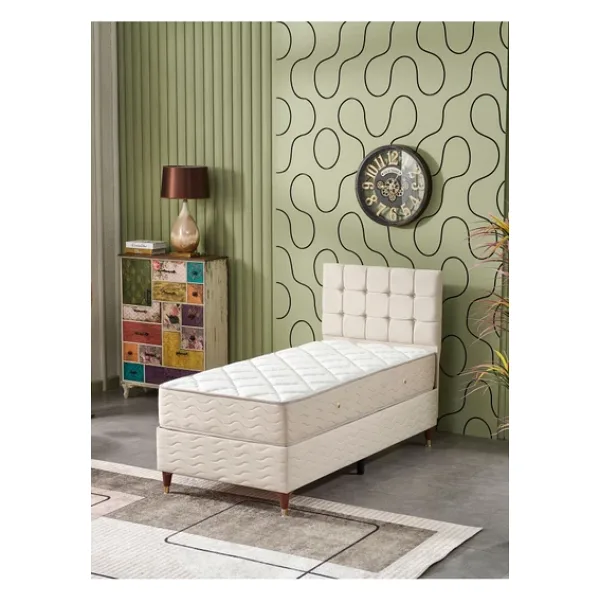 Beehanem Bengü 90X190 Tek Kişilik (Baza+Başlık+Yatak) 3 Lü Set (Krem)