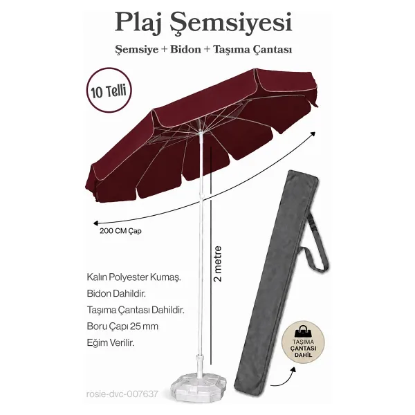 Bordo Plaj Şemsiyesi 200 Cm Çap / 10 Telli + Bidon + Taşıma Çantası Dahil