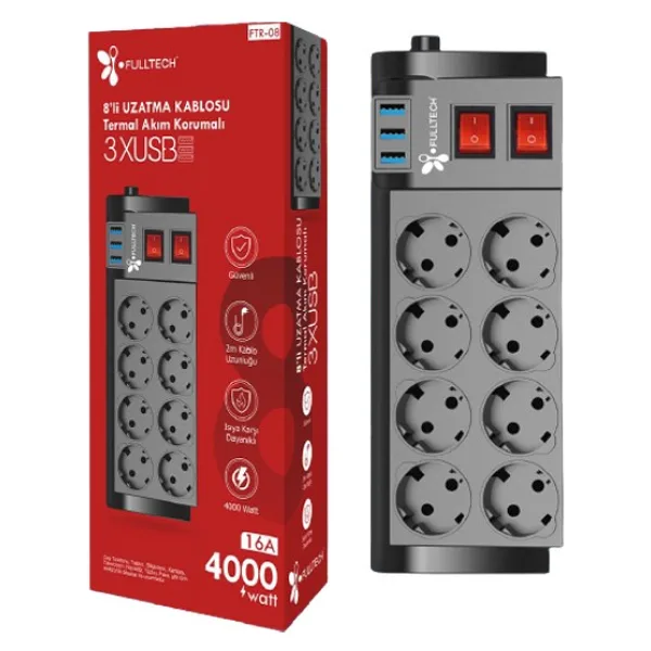 Fulltech Termal Akım Korumalı Isıya Karşı Dayanıklı 8'li Priz Kablo Uzunluğu 2 Mt 3 X USB